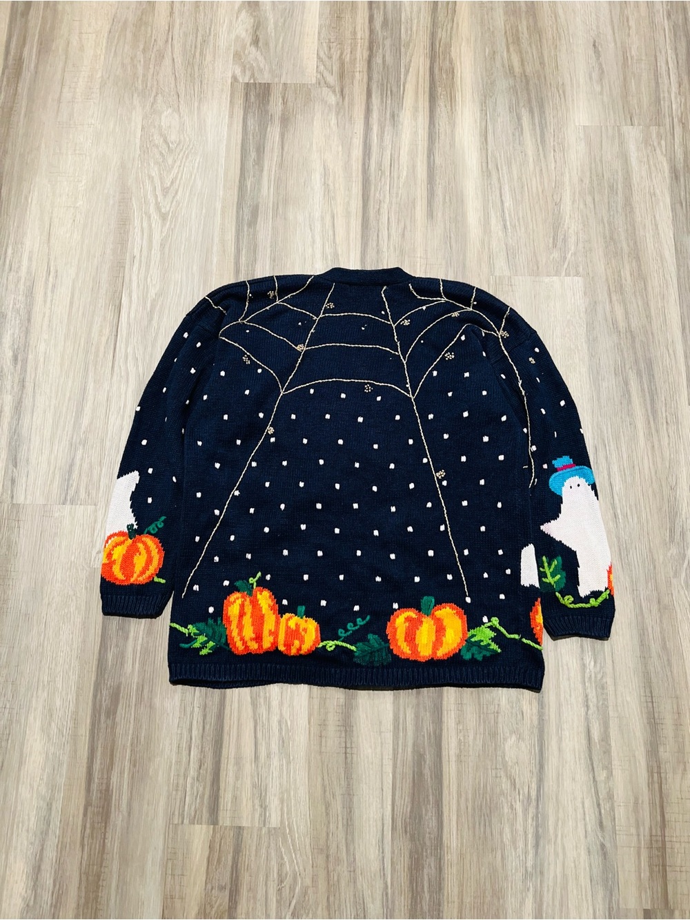 Vintage 90s Lauren Hansen Halloween Ghost and Pumpkin Novelty Knit Cardigan - Picture 6 of 8